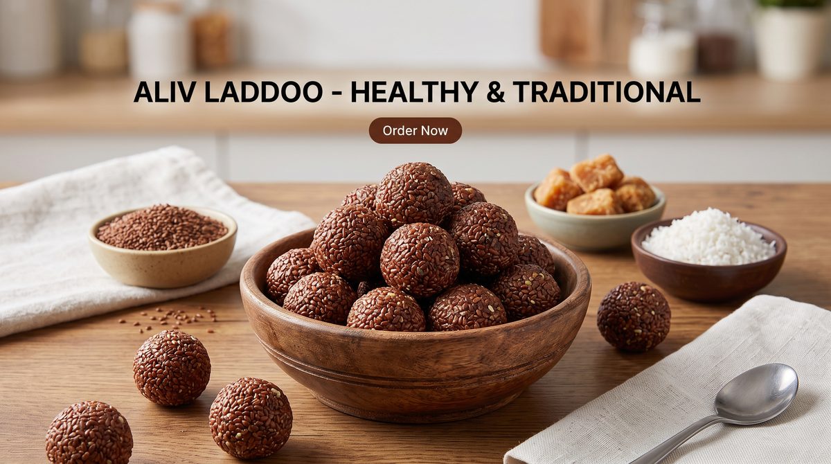 A bowl of aliv laddoos with jaggery and coconut alongside