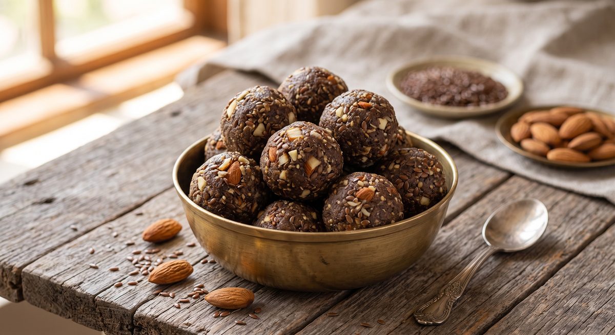 Alsi badaam laddoos in a brass bowl with almonds and flaxseed