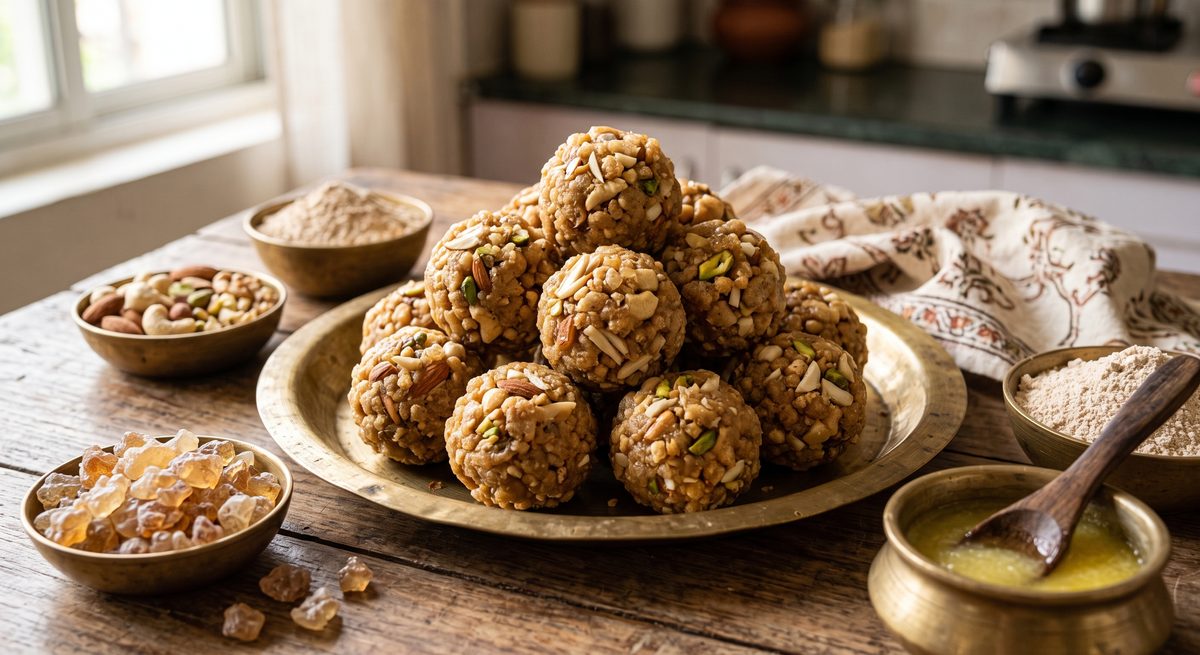 Gond laddoos on a brass plate with edible gum and nuts