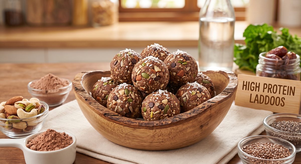 High protein laddoos in a wooden bowl with nuts and seeds