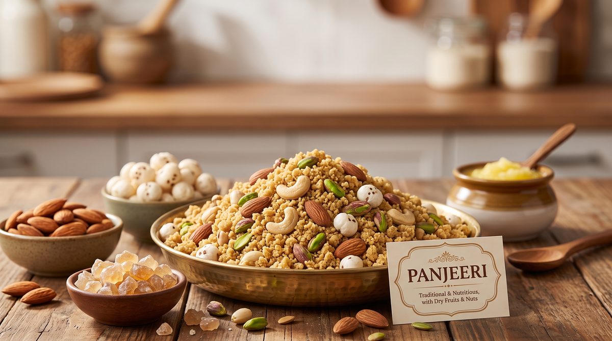 Panjeeri mix on a brass plate with nuts and makhana