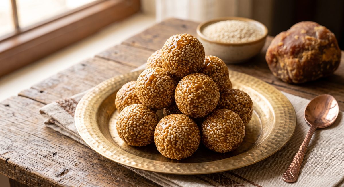 Til gud laddoos on a brass plate with sesame and jaggery